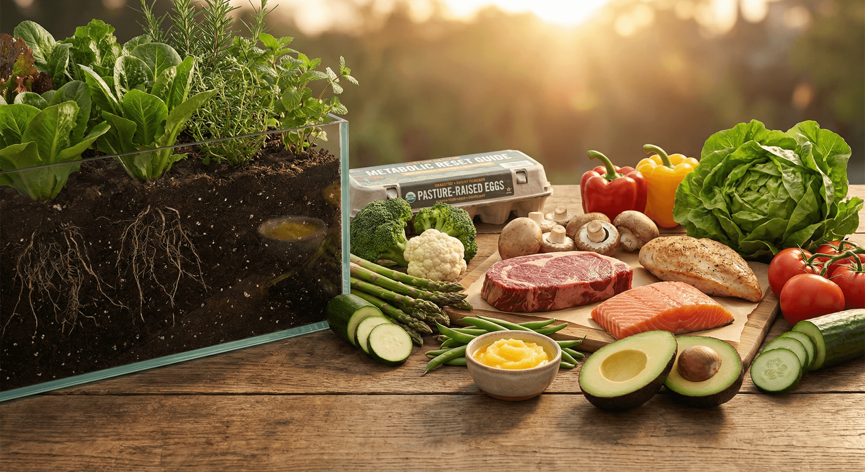 Plants with visible roots in rich soil and nourishing whole foods