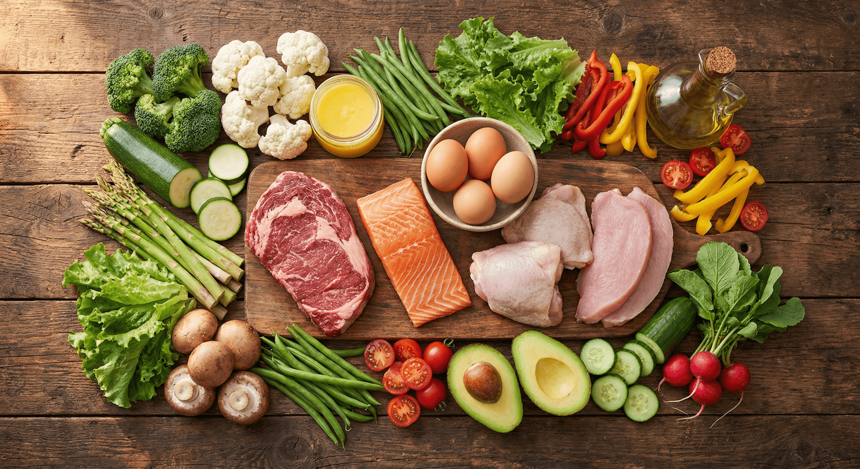 Beautiful spread of nourishing whole foods - protein, vegetables, healthy fats