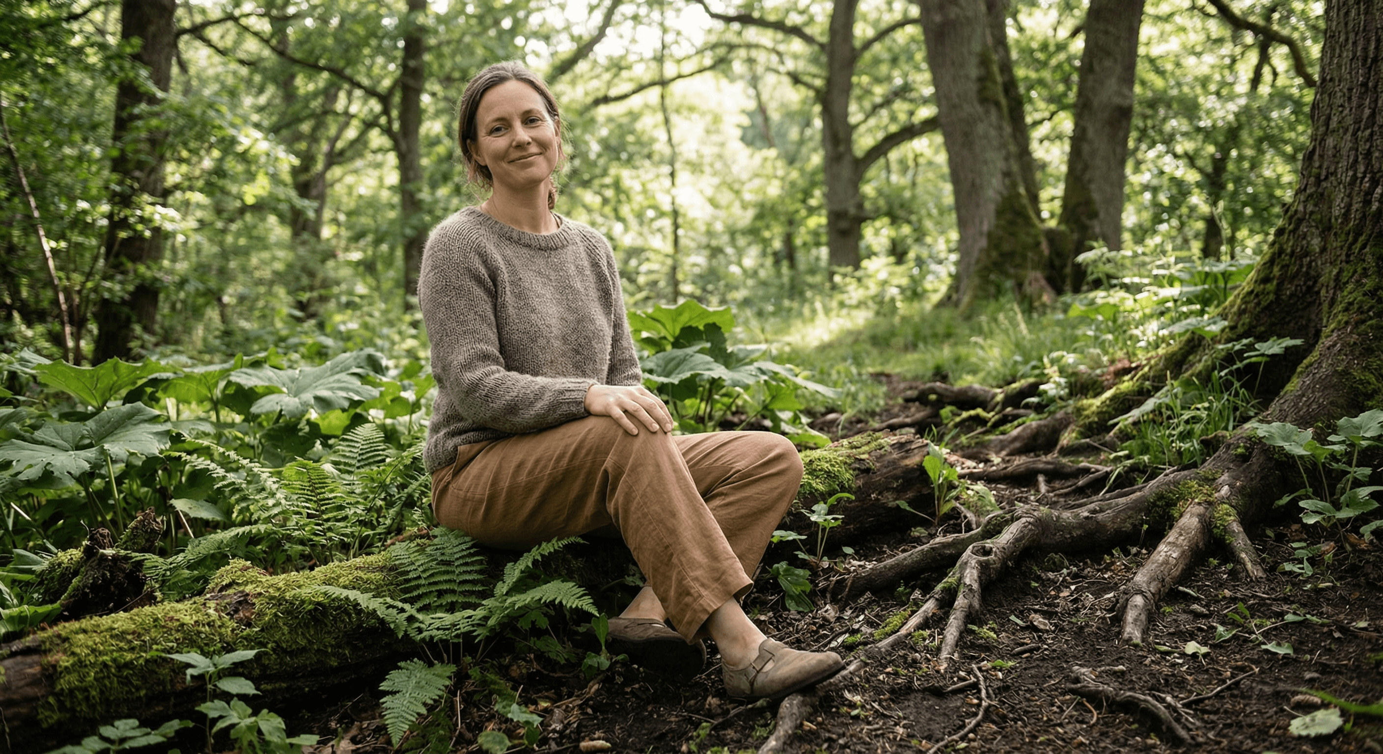 Woman sitting peacefully in nature, looking grounded and content