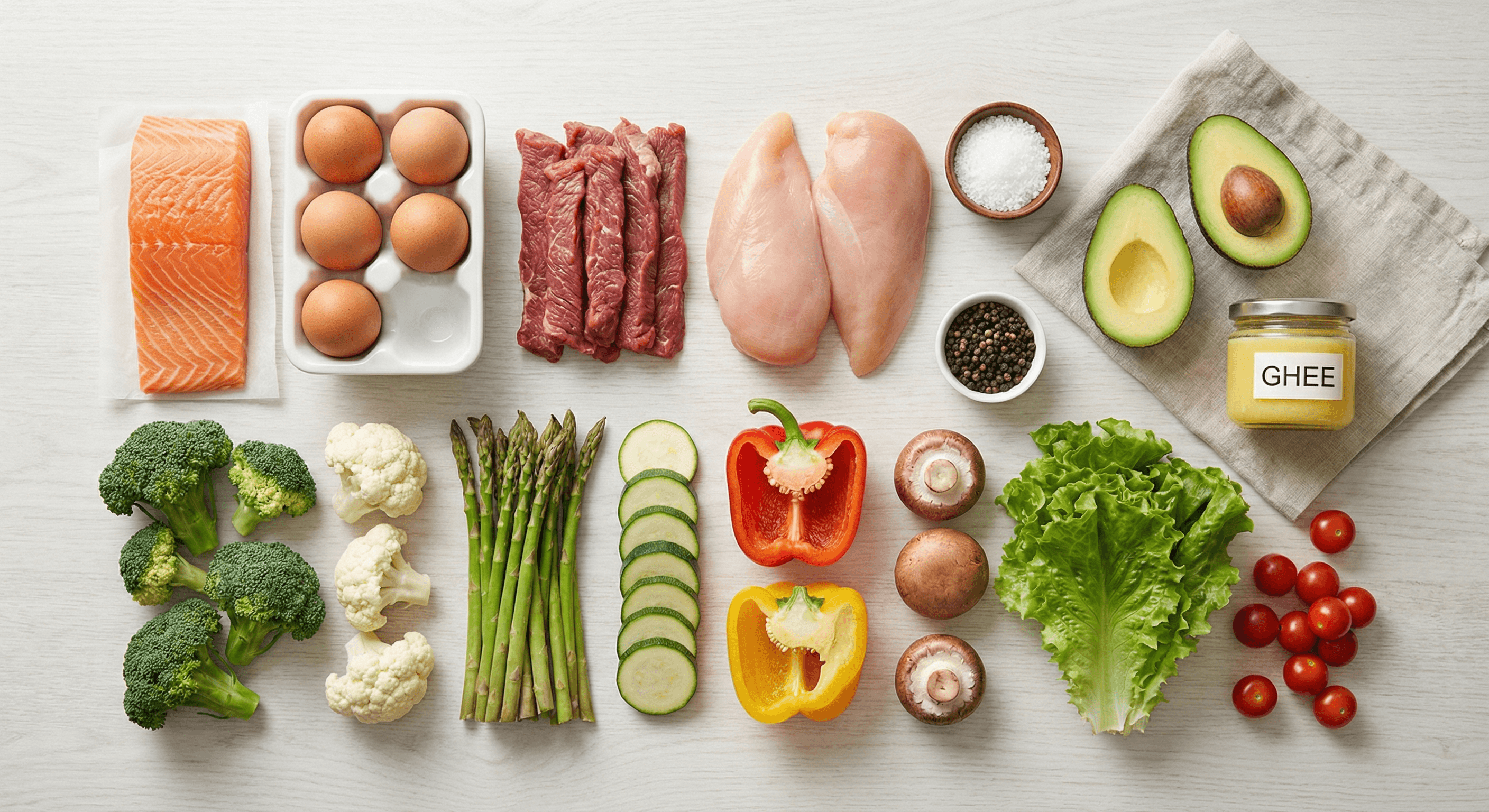 Clean, organized flat lay of nourishing ingredients representing clarity